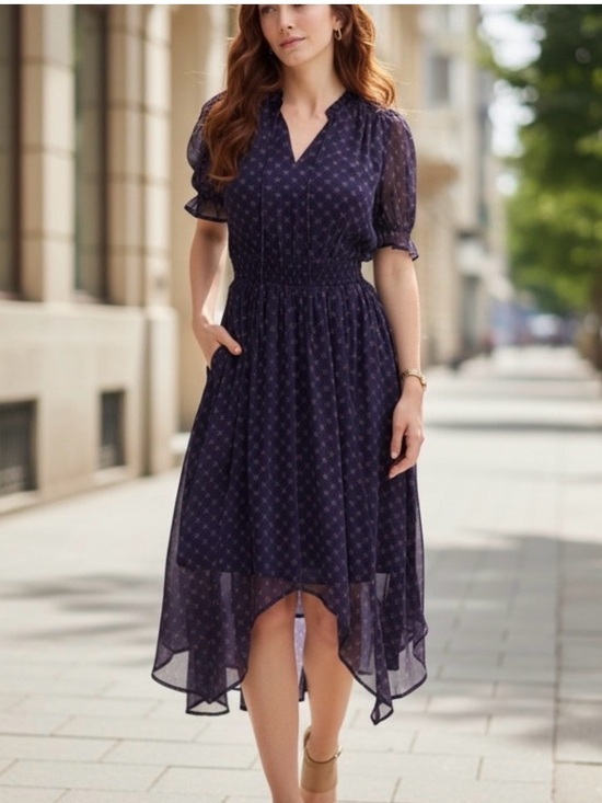 Draper James Dresses & Skirts - Draper James Navy Printed V-Neck High-Low Midi Dress Bandanna Hem Romantic Sz XS